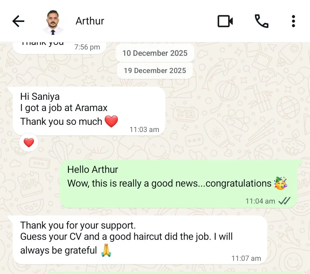 Client message from Arthur sharing he got a job at Aramex