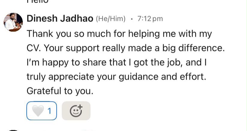 Client message from Dinesh Jadhao thanking Saniya after getting the job