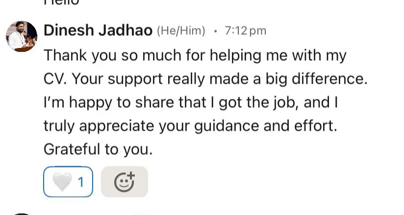 Client message from Dinesh Jadhao thanking Saniya after getting the job