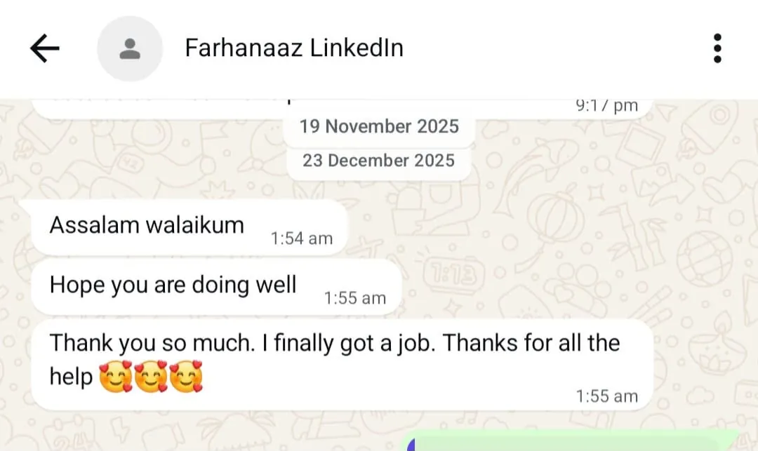 Client message from Farhanaaz sharing that she finally got a job