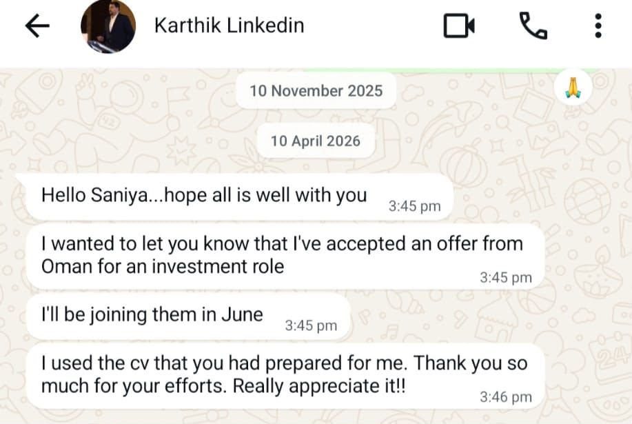 Client message from Karthik on accepting an investment role in Oman