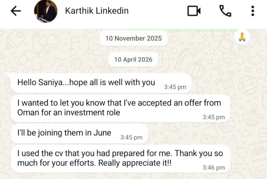 Client message from Karthik on accepting an investment role in Oman